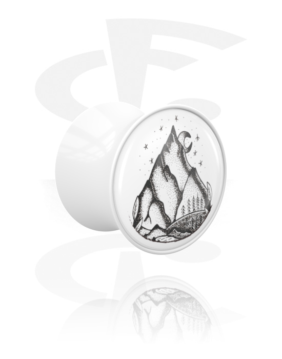 Tunnels & Plugs, Plug double flared (acrylique, blanc) avec motif "montagnes", Acrylique