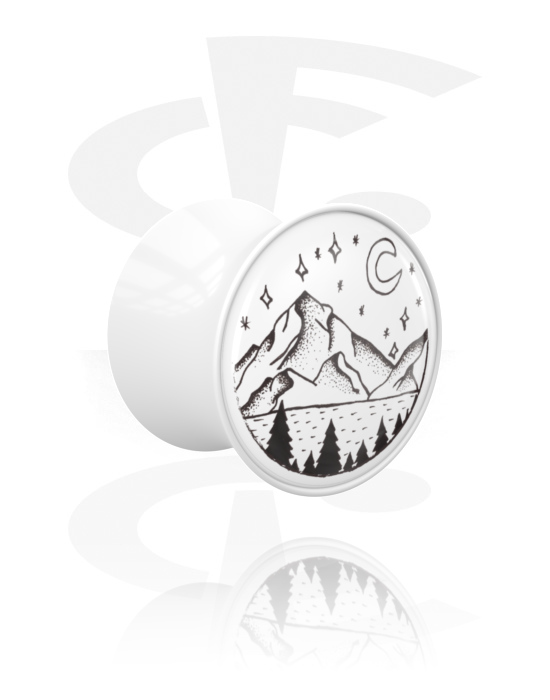 Alagutak és dugók, Double flared plug (acrylic, white) val vel motif "mountains", Akril