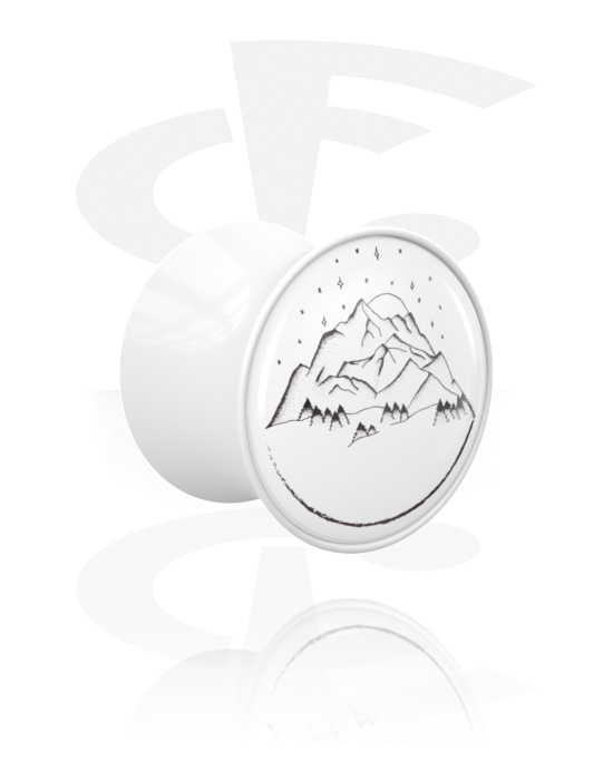 Alagutak és dugók, Double flared plug (acrylic, white) val vel motif "mountains", Akril