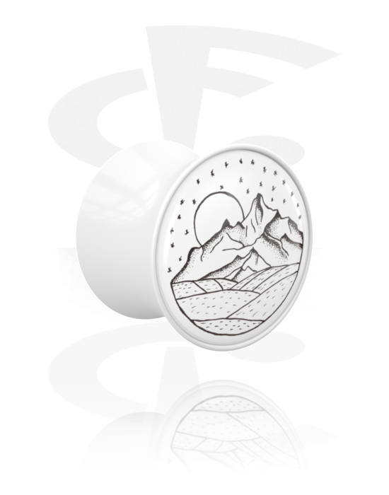 Tunnels & Plugs, Double flared plug (acrylic, white) with motif "mountains", Acrylic