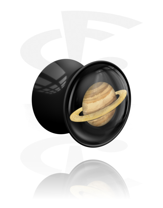 Tunneler & plugger, Dobbeltformet plugg (akryl, svart) med planetdesign 'Saturn', Akryl
