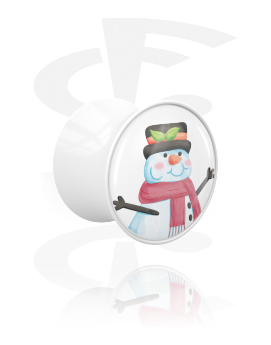Tunnlar & Pluggar, Double flared plug (acrylic, white) med snowman design, Akryl