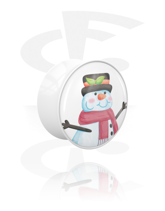 Tunnels & Plugs, Double flared plug (acrylic, white) with snowman design, Acrylic