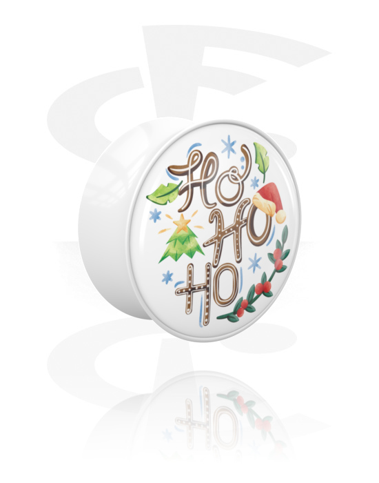 Tunnels & Plugs, Double flared plug (acrylic, white) with "Ho ho ho" lettering, Acrylic