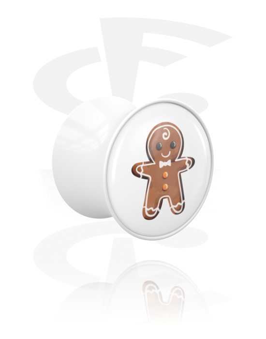 Alagutak és dugók, Double flared plug (acrylic, white) val vel gingerbread man design, Akril