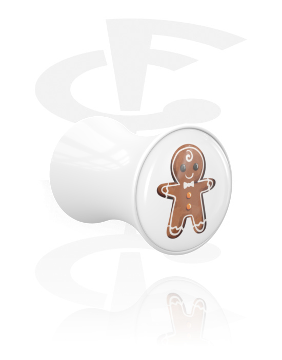 Tunnels & Plugs, Double flared plug (acrylic, white) with gingerbread man design, Acrylic
