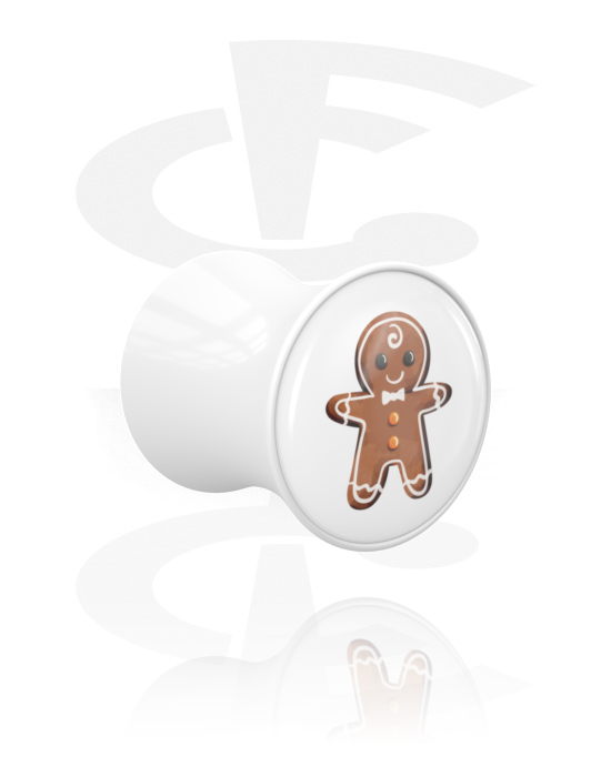Tunnlar & Pluggar, Double flared plug (acrylic, white) med gingerbread man design, Akryl