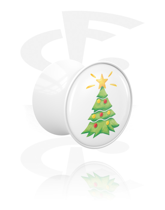 Tunely & plugy, Plug s rozšířenými konci (akryl, bílá) s Designem vánoční stromek, Akryl