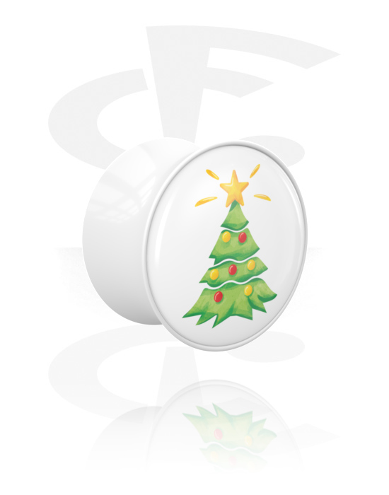 Tunely & plugy, Plug s rozšířenými konci (akryl, bílá) s Designem vánoční stromek, Akryl