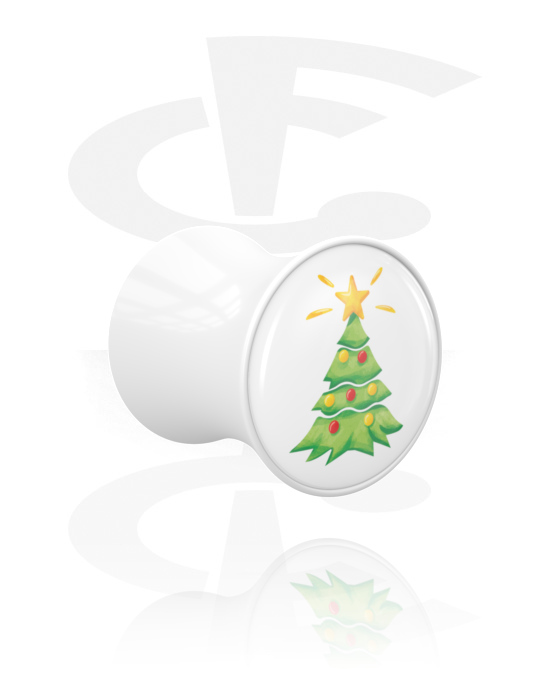 Tunnels & Plugs, Double flared plug (acrylic, white) with Christmas tree design, Acrylic
