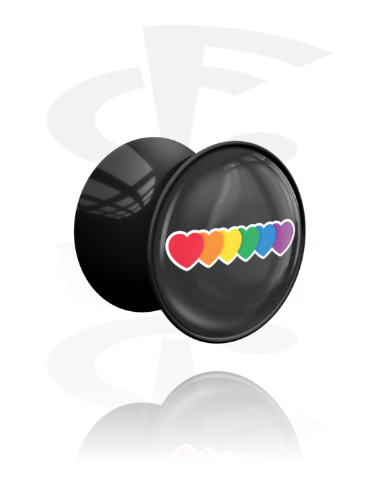 Tunnels & Plugs, Double flared plug (acrylic, black) with heart motif in rainbow colors, Acrylic