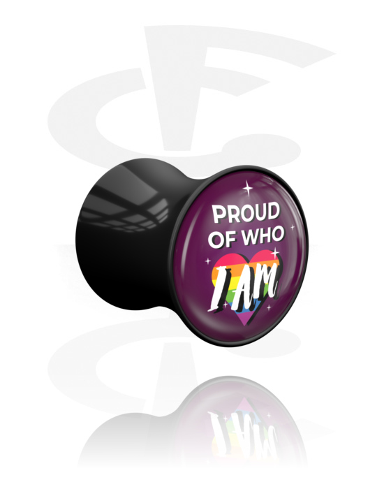 Tunnels & Plugs, Double flared plug (acrylic, black) with "proud of who I am" lettering, Acrylic