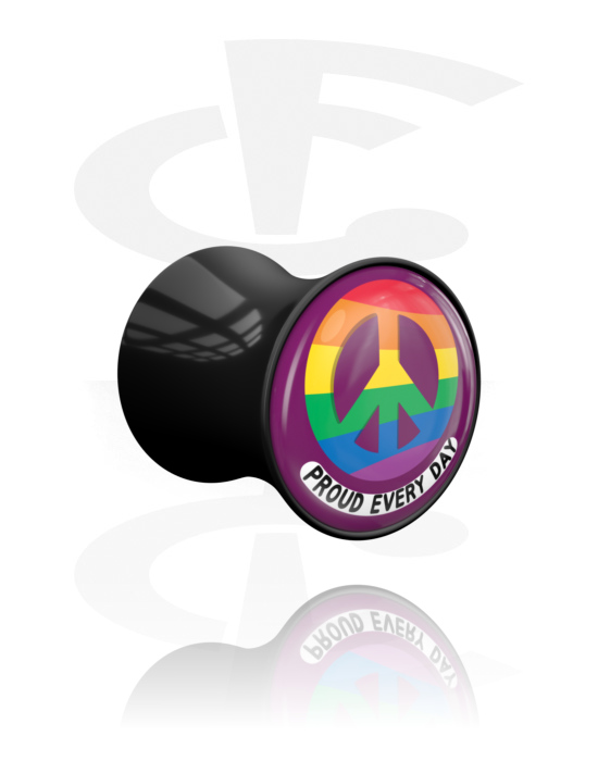 Tunnels & Plugs, Double flared plug (acrylic, black) with "proud every day" lettering, Acrylic