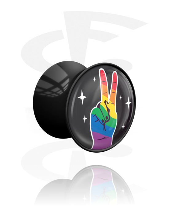 Tunnlar & Pluggar, Double flared plug (acrylic, black) med "Peace" sign och rainbow colours, Akryl