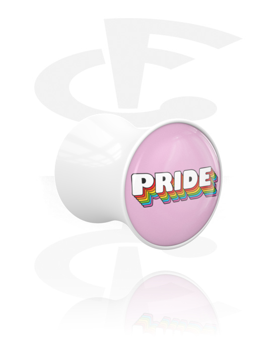 Tunnels & Plugs, Double flared plug (acrylic, white) with "Pride" lettering, Acrylic
