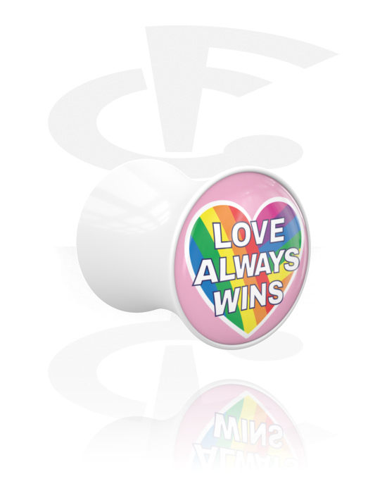 Tunnels & Plugs, Double flared plug (acrylic, white) with "love always wins" lettering, Acrylic