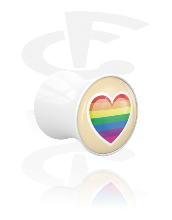 Tunnels & Plugs, Double flared plug (acrylic, white) with heart design and rainbow colors, Acrylic