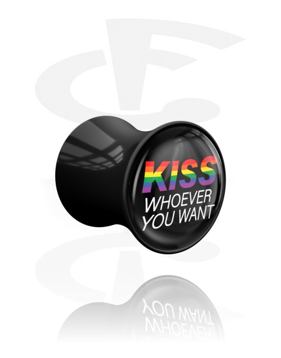 Tunnels & Plugs, Double flared plug (acrylic, black) with "Kiss whoever you want" lettering, Acrylic