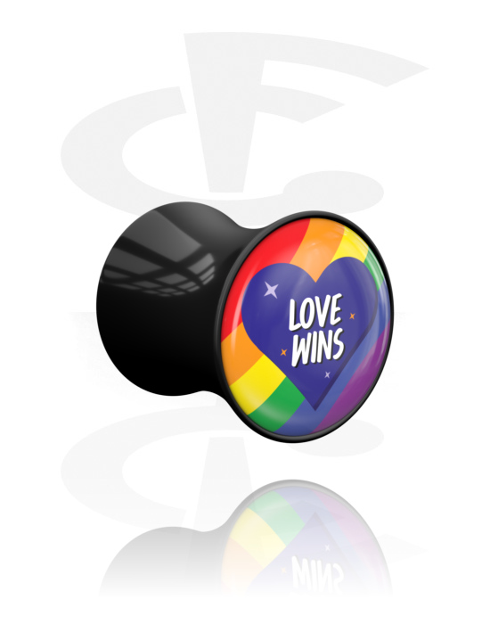 Tunely & plugy, Plug s rozšířenými konci (akryl, černá) s nápisem „Love wins“, Akryl