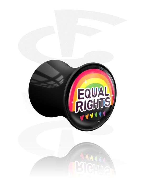 Tunnels & Plugs, Double flared plug (acrylic, black) with "equal rights" lettering, Acrylic
