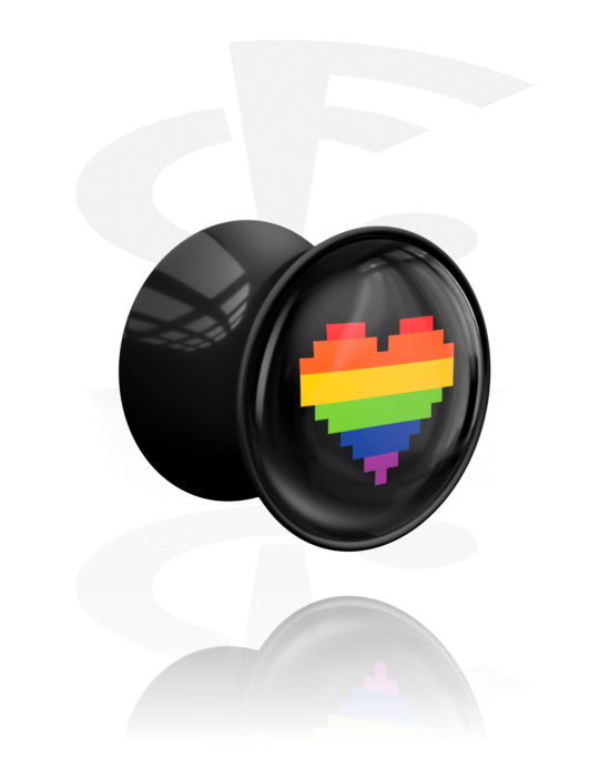 Tunnels & Plugs, Double flared plug (acrylic, black) with heart motif in rainbow colours, Acrylic