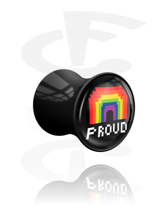 Tunnels & Plugs, Double flared plug (acrylic, black) with "proud" lettering, Acrylic