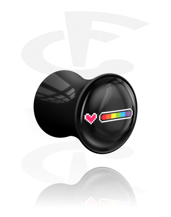 Tunely & plugy, Plug s rozšířenými konci (akryl, černá) s motivem „srdce“ a duhovými barvami, Akryl