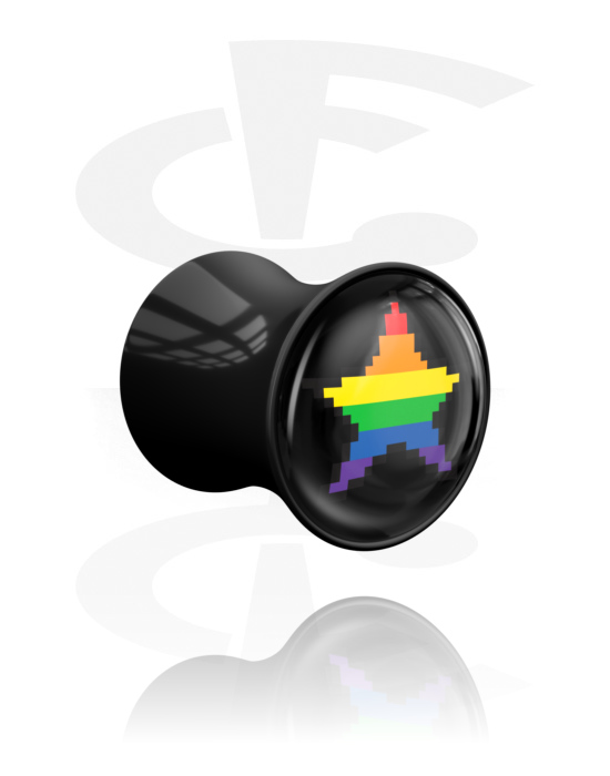 Tunnels & Plugs, Double flared plug (acrylic, black) with star design and rainbow colors, Acrylic