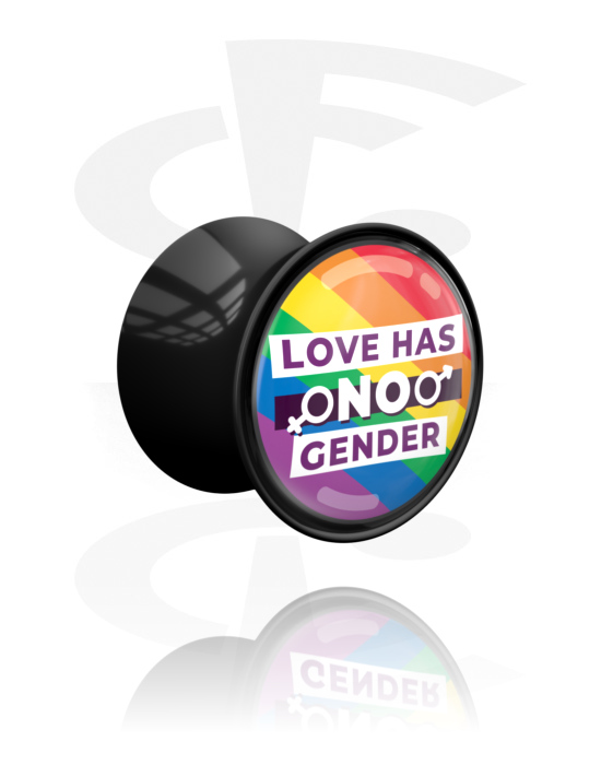 Tunnels & Plugs, Double flared plug (acrylic, black) with "Love has no gender" lettering, Acrylic