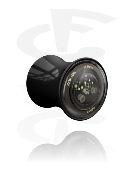 Tunnlar & Pluggar, Double flared plug (acrylic, black) med camera lens design, Akryl