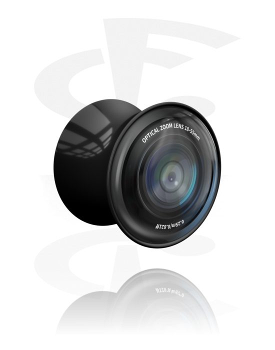 Tunely & plugy, Plug s rozšířenými konci (akryl, černá) s designem objektiv fotoaparátu, Akryl