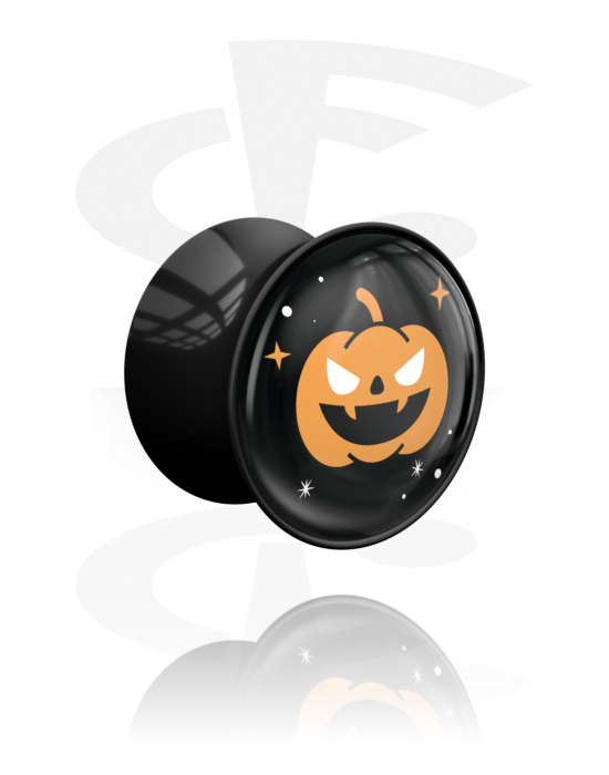 Tunnels & Plugs, Double flared plug (acryl, zwart) met Halloween-motief ‘pompoen’, Acryl