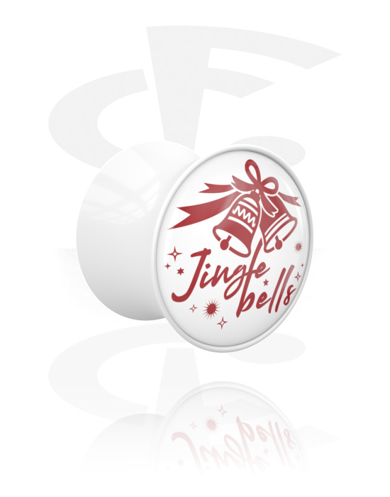 Tunnels & Plugs, Double flared plug (acrylic, white) with "Jingle bells" lettering, Acrylic