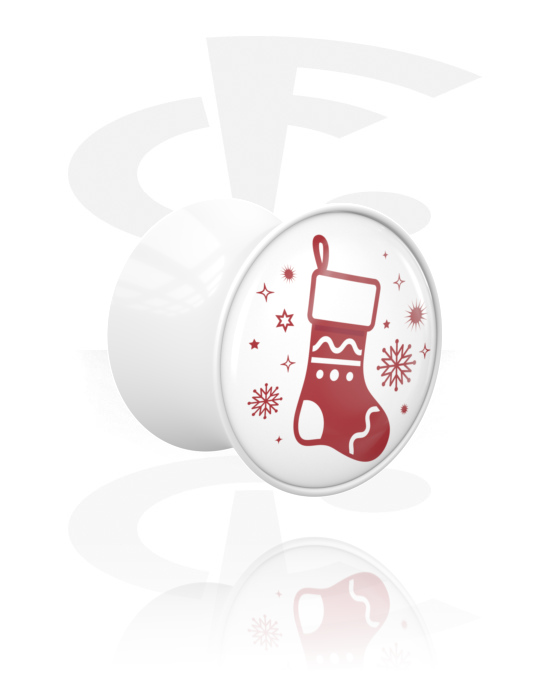 Tunnels & Plugs, Double flared plug (acrylic, white) with Christmas stocking design, Acrylic