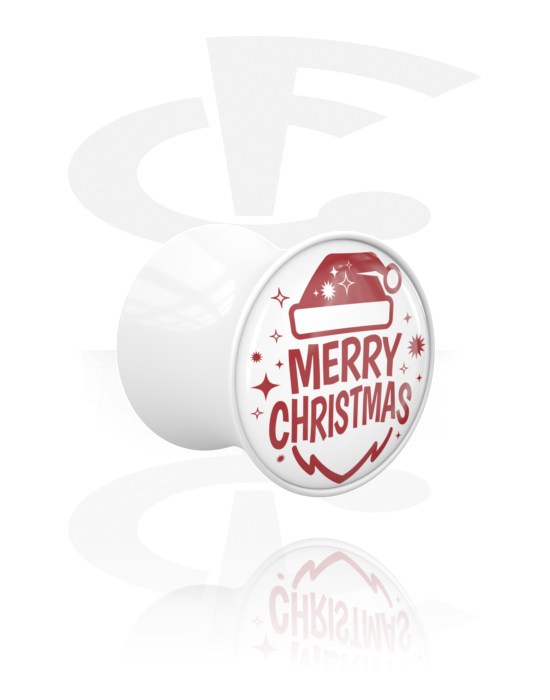 Tunely & plugy, Plug s rozšírenými koncami (akryl, biela) s nápisom „Veselé Vianoce“, Akryl