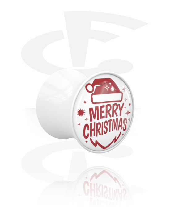 Tunely & plugy, Plug s rozšírenými koncami (akryl, biela) s nápisom „Veselé Vianoce“, Akryl