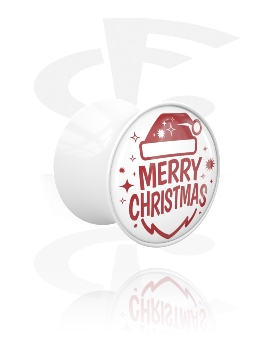 Tunnels & Plugs, Double flared plug (acrylic, white) with "Merry Christmas" lettering, Acrylic
