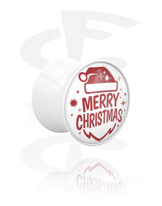 Tunneler & plugger, Dobbeltformet plugg (akryl, hvit) med "Merry Christmas" skrift, Akryl