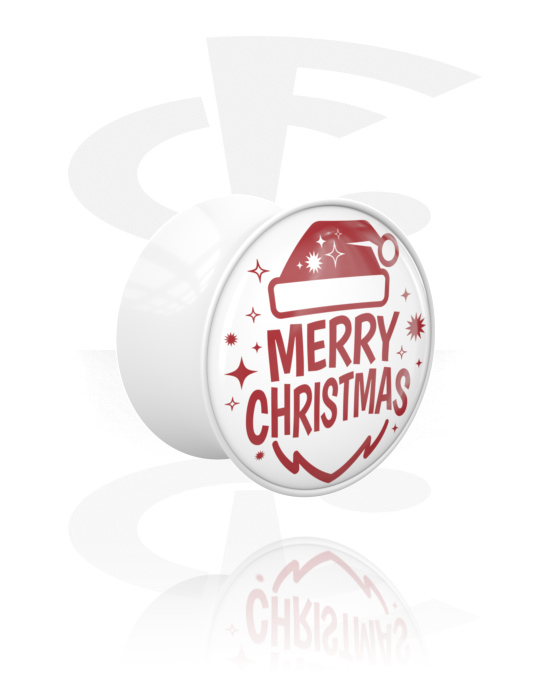Tunnels & Plugs, Double flared plug (acrylic, white) with "Merry Christmas" lettering, Acrylic