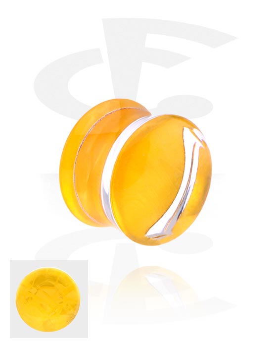 Tunnels & Plugs, Double flared plug (acrylic, transparent) with yellow inlay, Acrylic