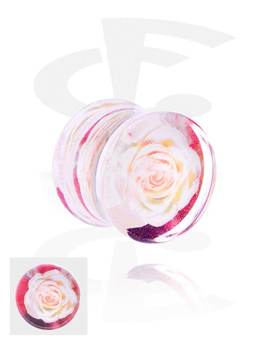 Tunnels & Plugs, Double flared plug (acrylic, transparent) with inlay with rose design, Acrylic