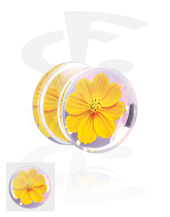 Tunely & plugy, Plug s rozšírenými koncami (akryl transparentný) s intarzia kvetina, Akryl