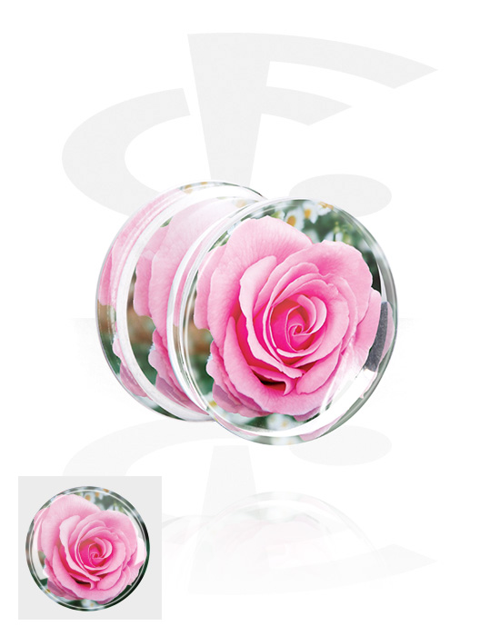 Tunnels & Plugs, Double flared plug (acrylic, transparent) with flower inlay, Acrylic