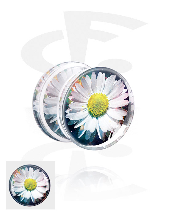 Tunnels & Plugs, Double flared plug (acrylic, transparent) with daisy inlay, Acrylic