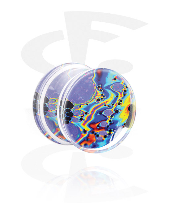 Tunnels & Plugs, Double flared plug (acrylic, transparent) with oil paint inlay, Acrylic