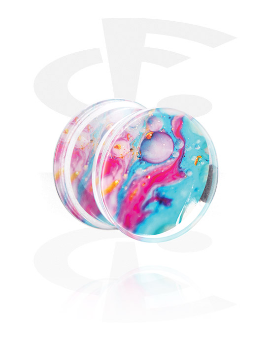 Tunnels & Plugs, Double flared plug (acrylic,transparent) with colorful inlay, Acrylic
