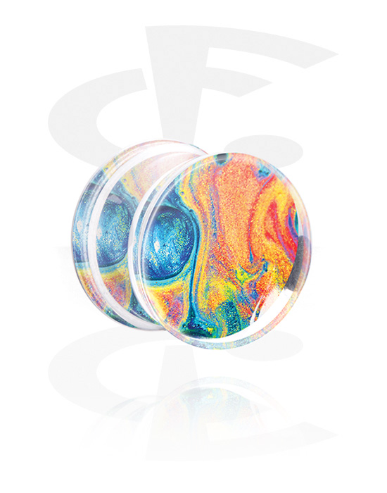 Tunnels & Plugs, Double flared plug (acrylic, transparent) with oil paint inlay, Acrylic