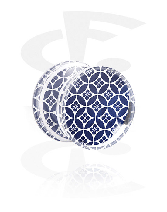 Tunely & plugy, Plug s rozšířenými konci (akryl transparentní) s designem tmavě modrá mozaika, Akryl