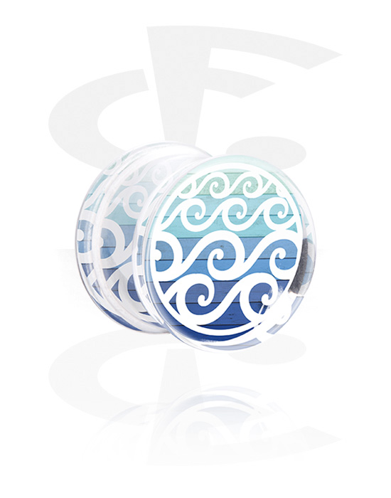 Tunnels & Plugs, Double flared plug (acrylic, transparent) with inlay with waves design, Acrylic
