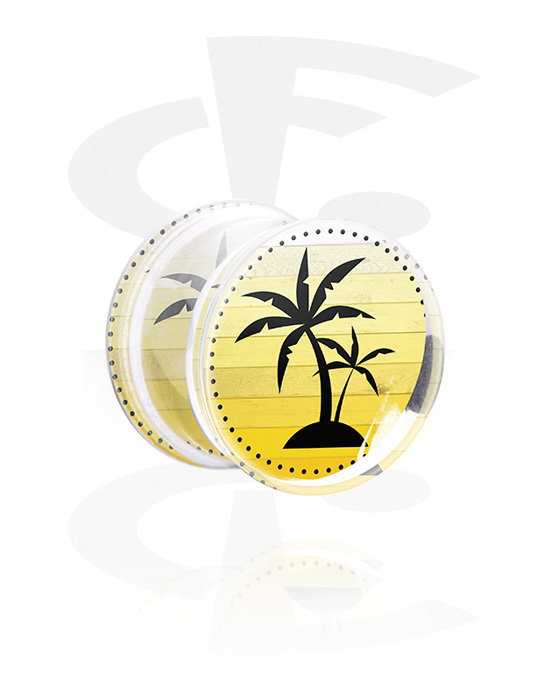 Tunnels & Plugs, Double flared plug (acrylic,transparent) with inlay with palm tree design, Acrylic
